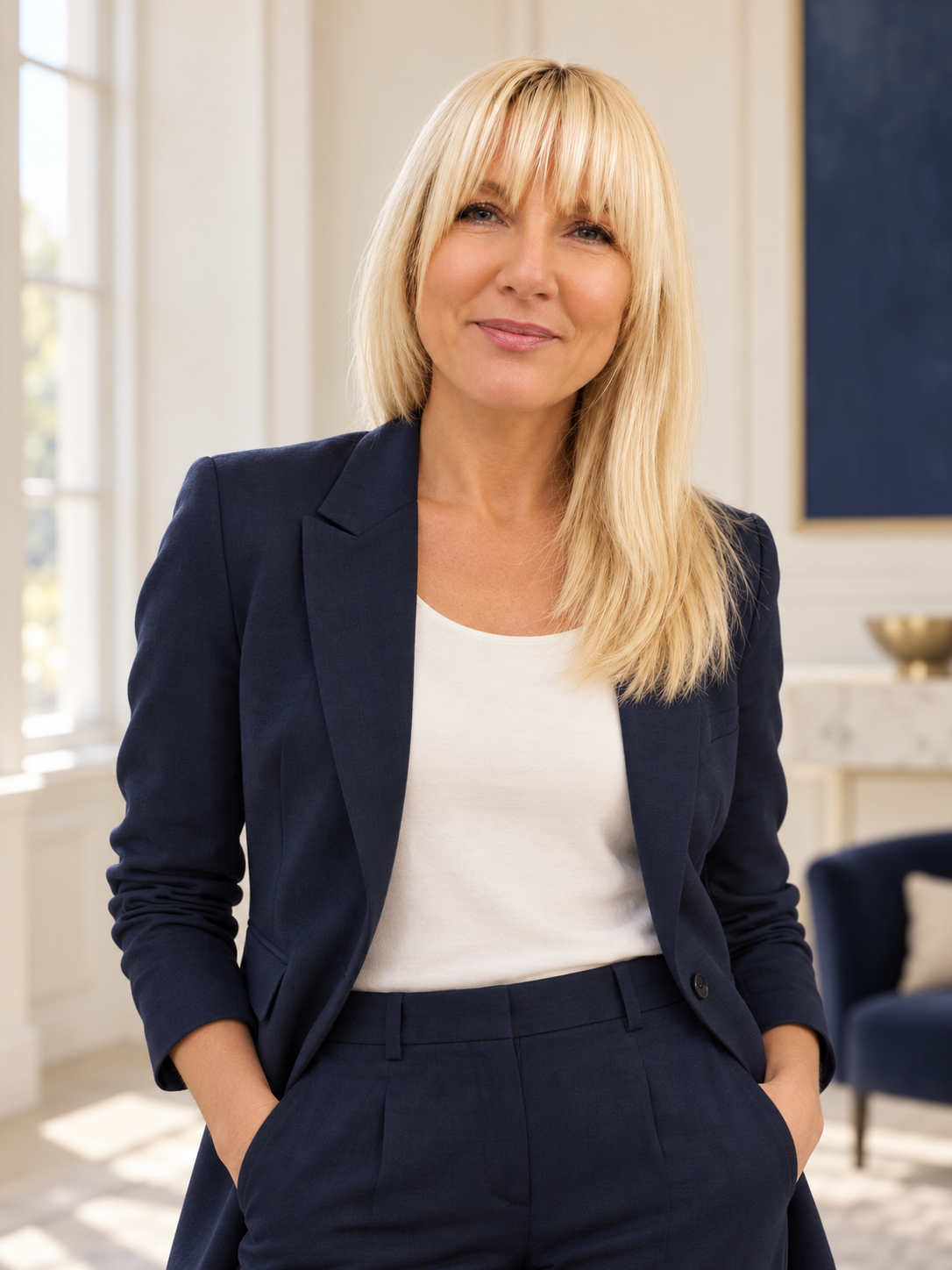 Sharon Mercedes, health and longevity coach, in a navy suit with a warm, confident expression.